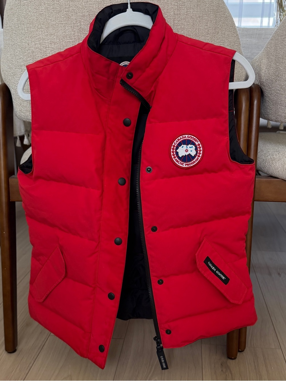 Canada Goose women’s Red Puffer Vest with Logo Patch